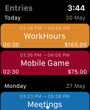 WorkHours Watch app - Entries