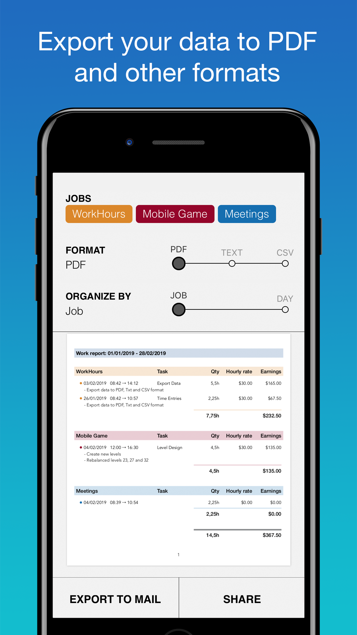 WorkHours app screenshot - Export