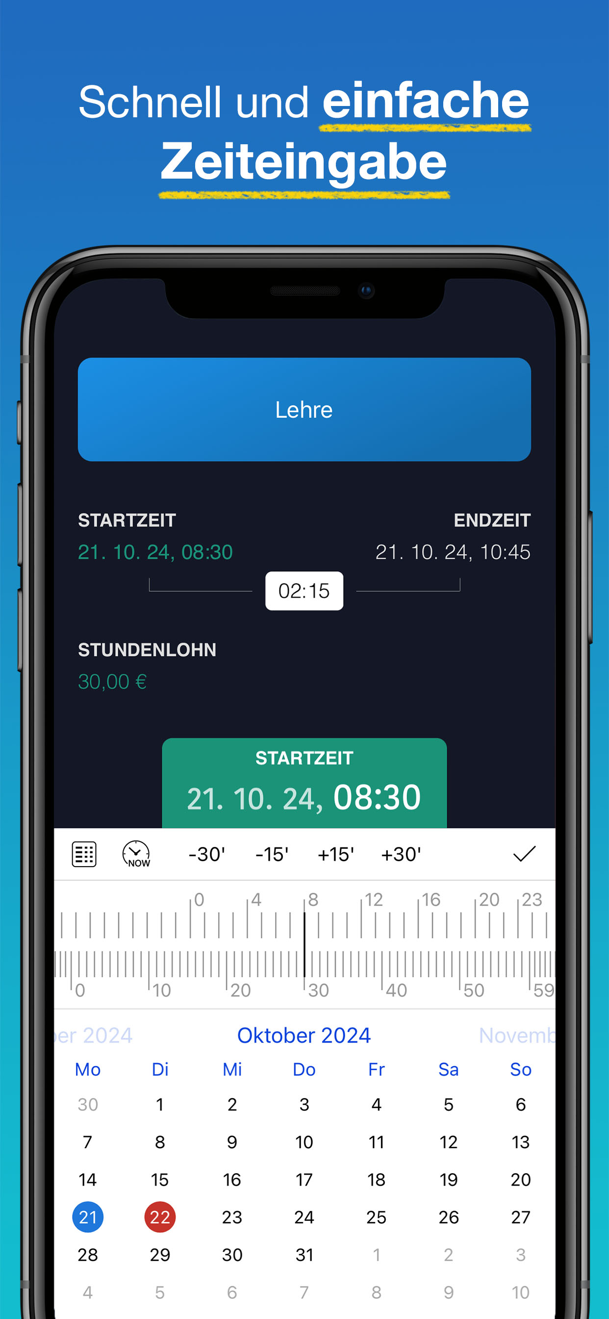 WorkHours App Screenshot – Zeiteintrag hinzufügen