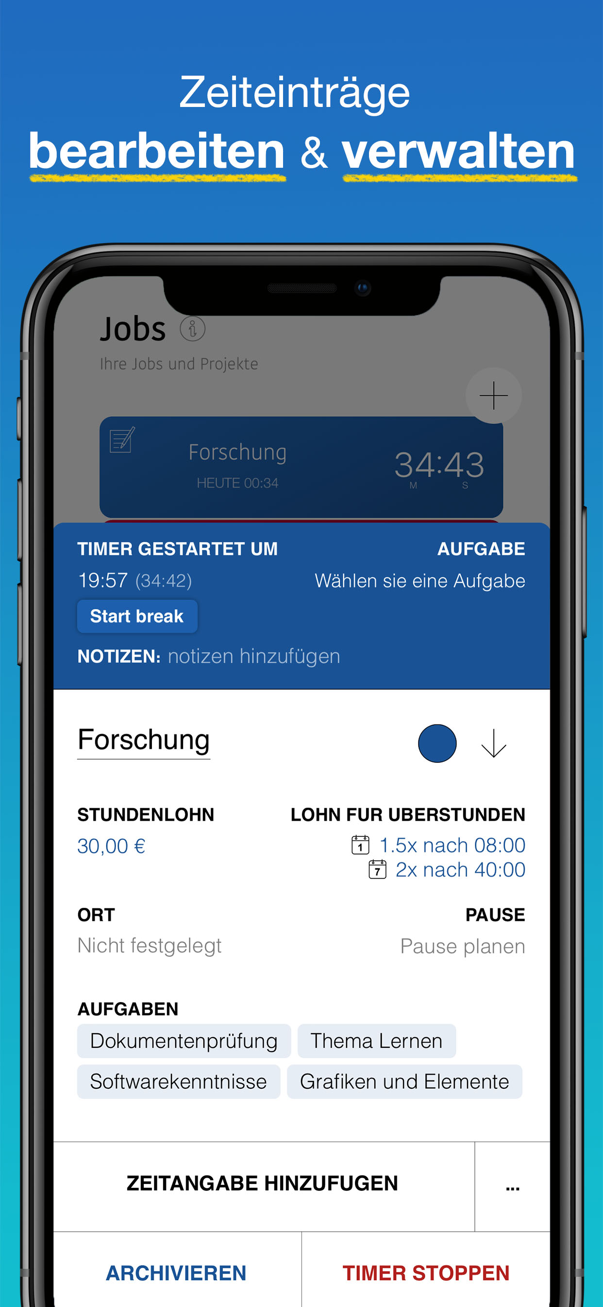 WorkHours App Screenshot – Zeiteintrag bearbeiten