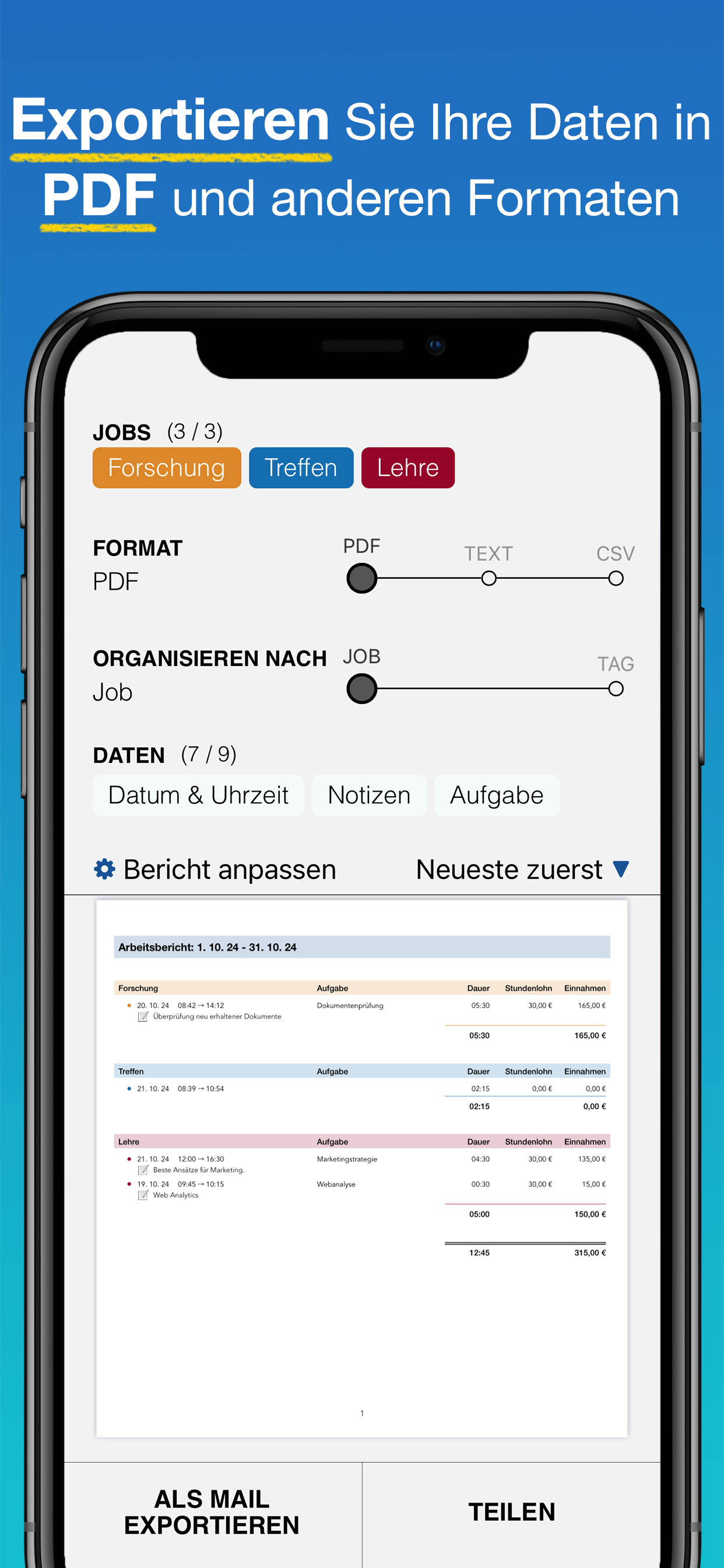 WorkHours App Screenshot – Exportoptionen