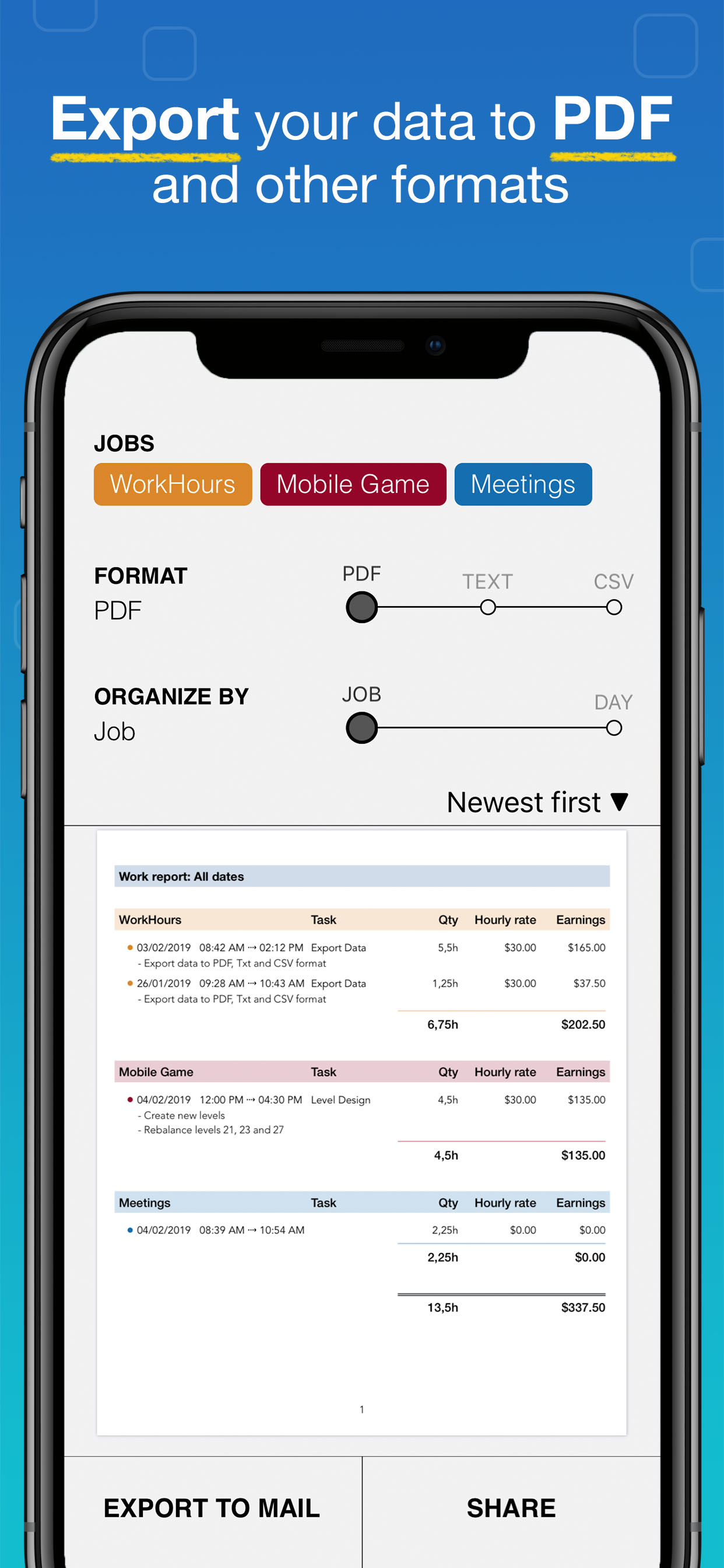 WorkHours app screenshot - Export
