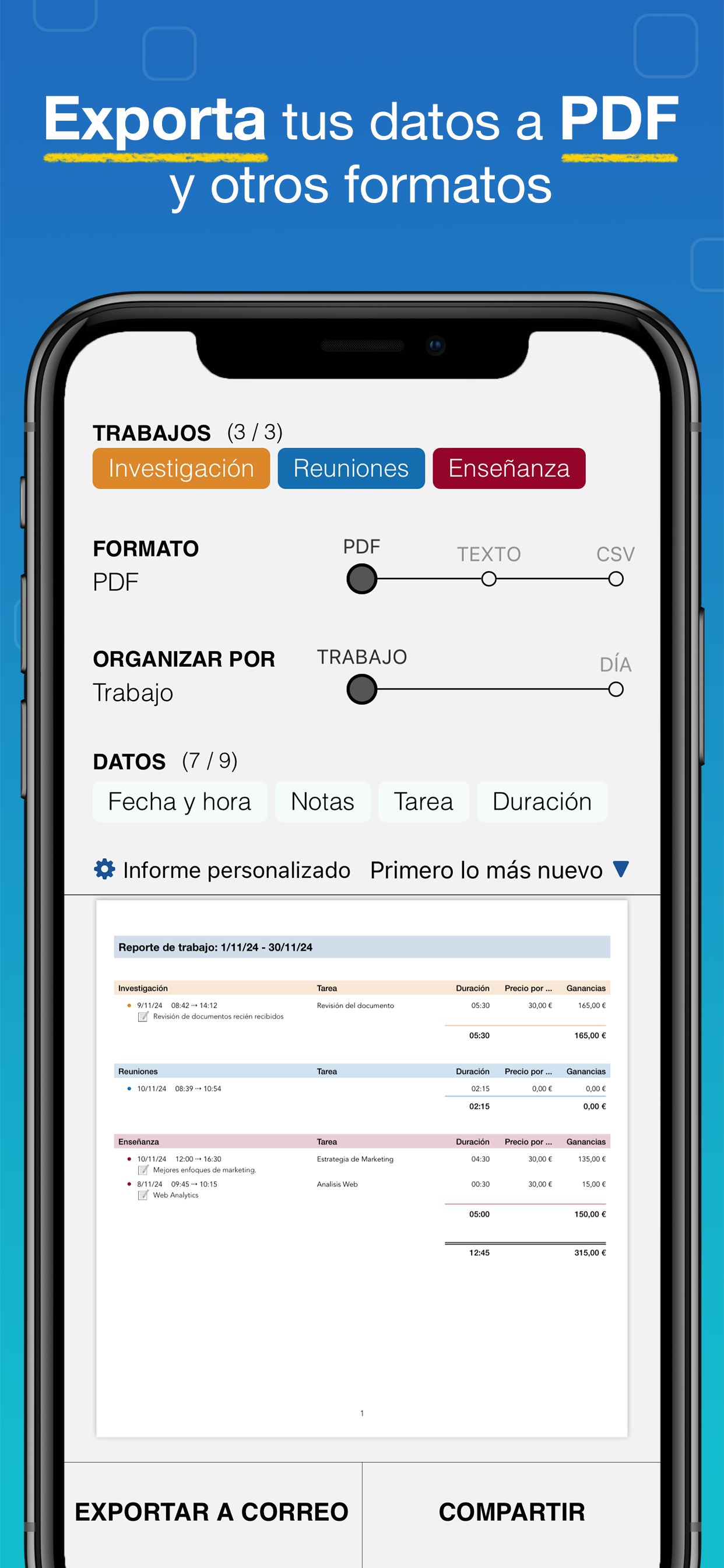 Captura de pantalla de WorkHours - Exportar