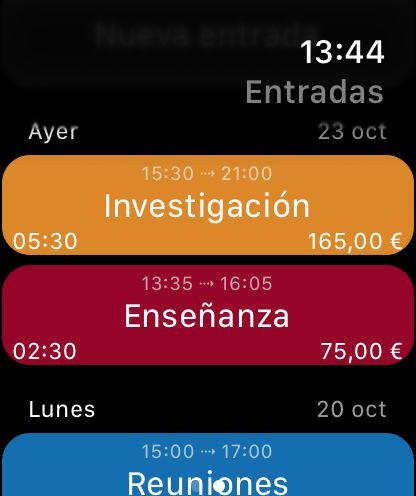 WorkHours para Apple Watch - Entradas
