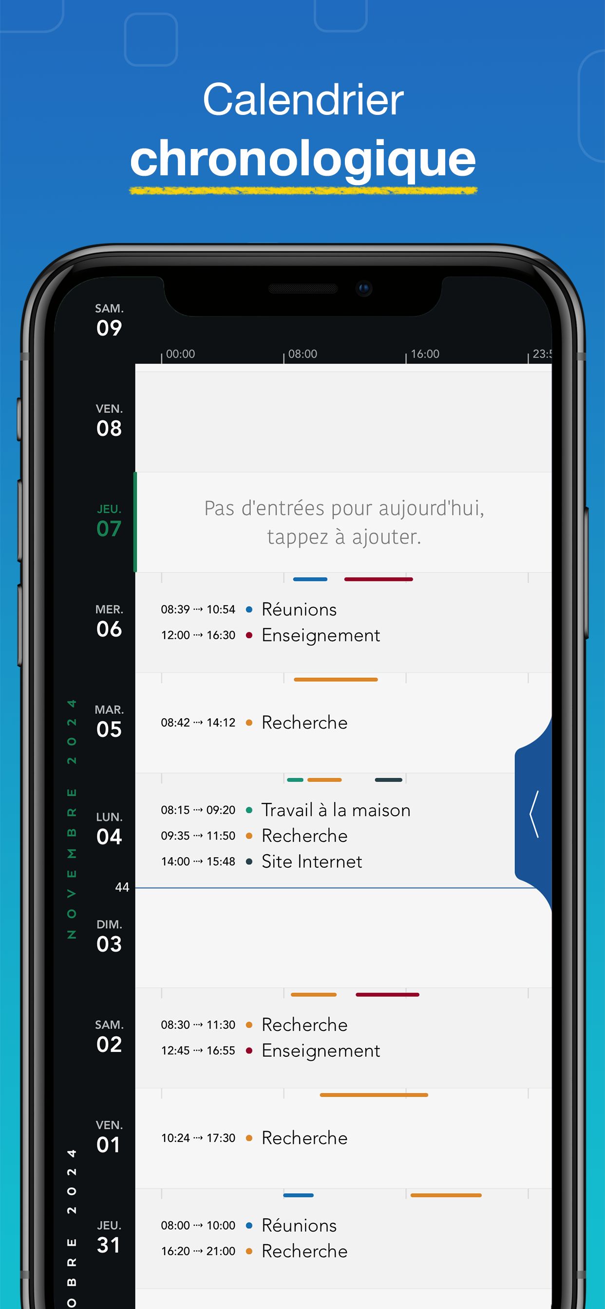 Capture d’écran WorkHours - Chronologie du calendrier