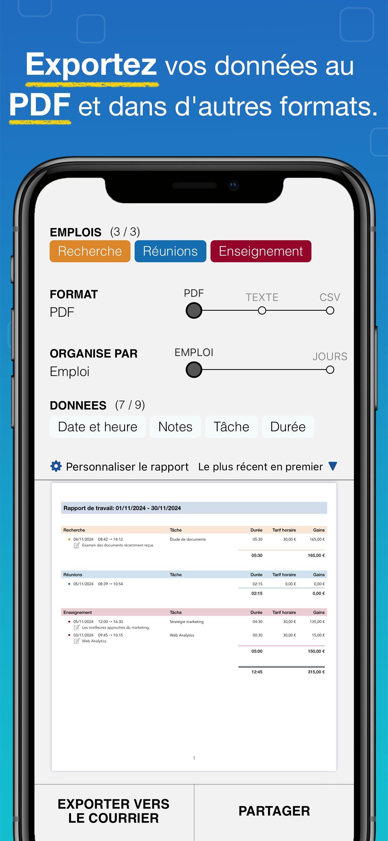 Capture d’écran WorkHours - Exportation