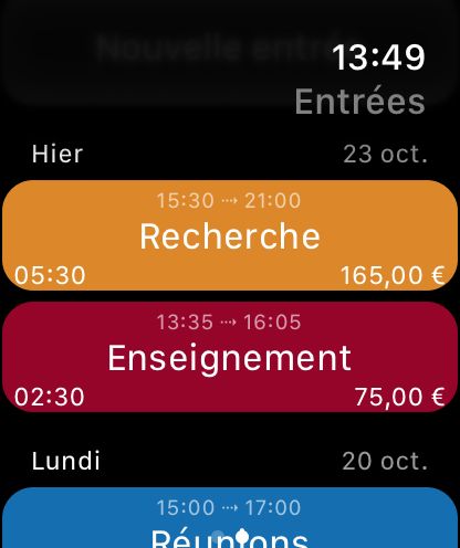 WorkHours sur Apple Watch - Entrées
