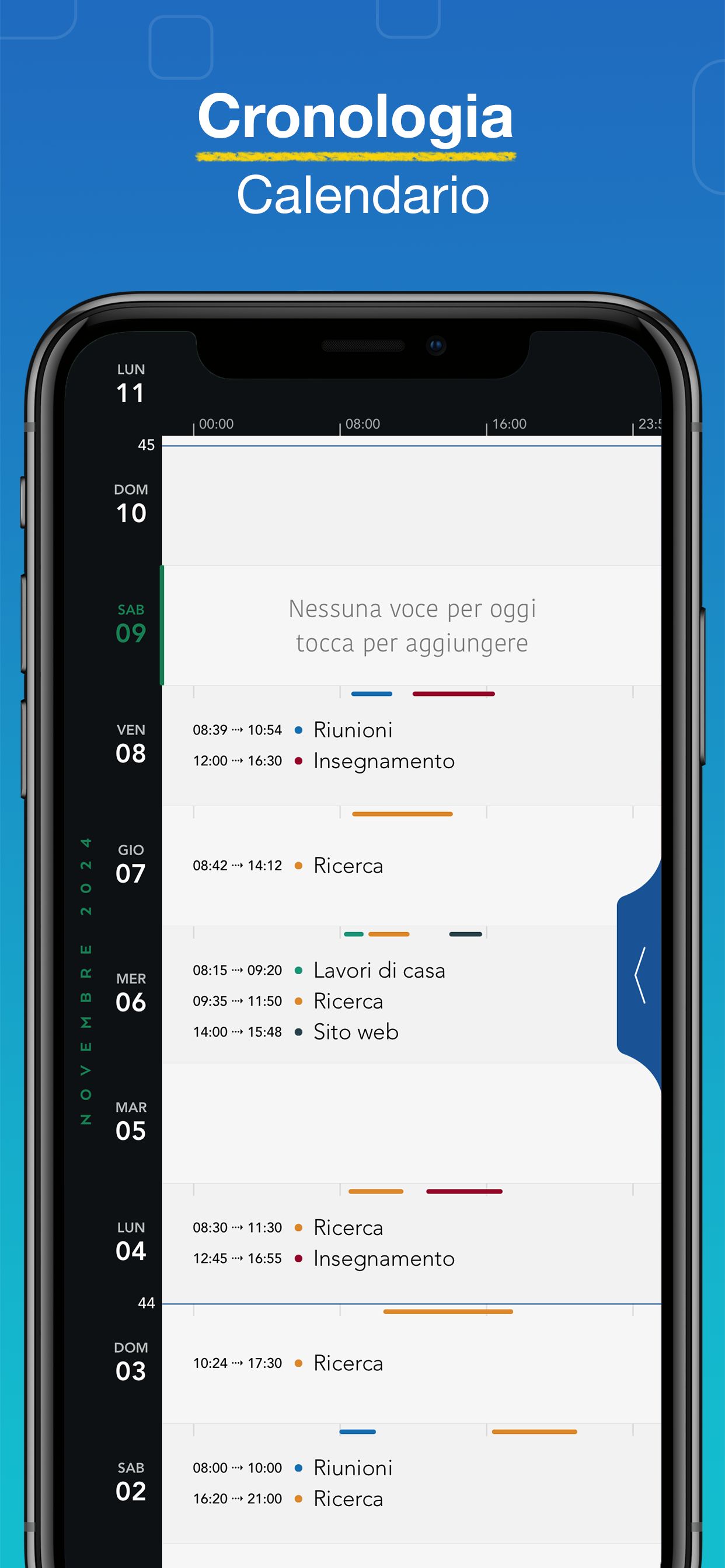 Screenshot app WorkHours - Timeline calendario