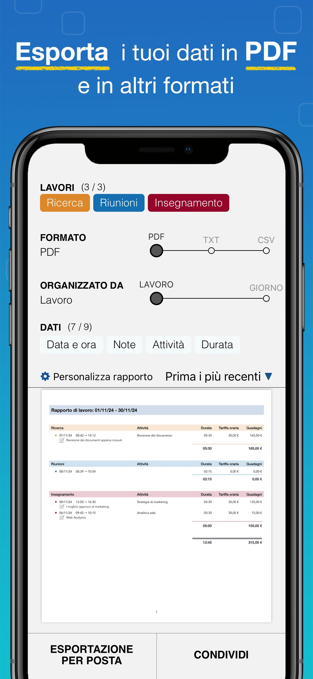 Screenshot app WorkHours - Esporta