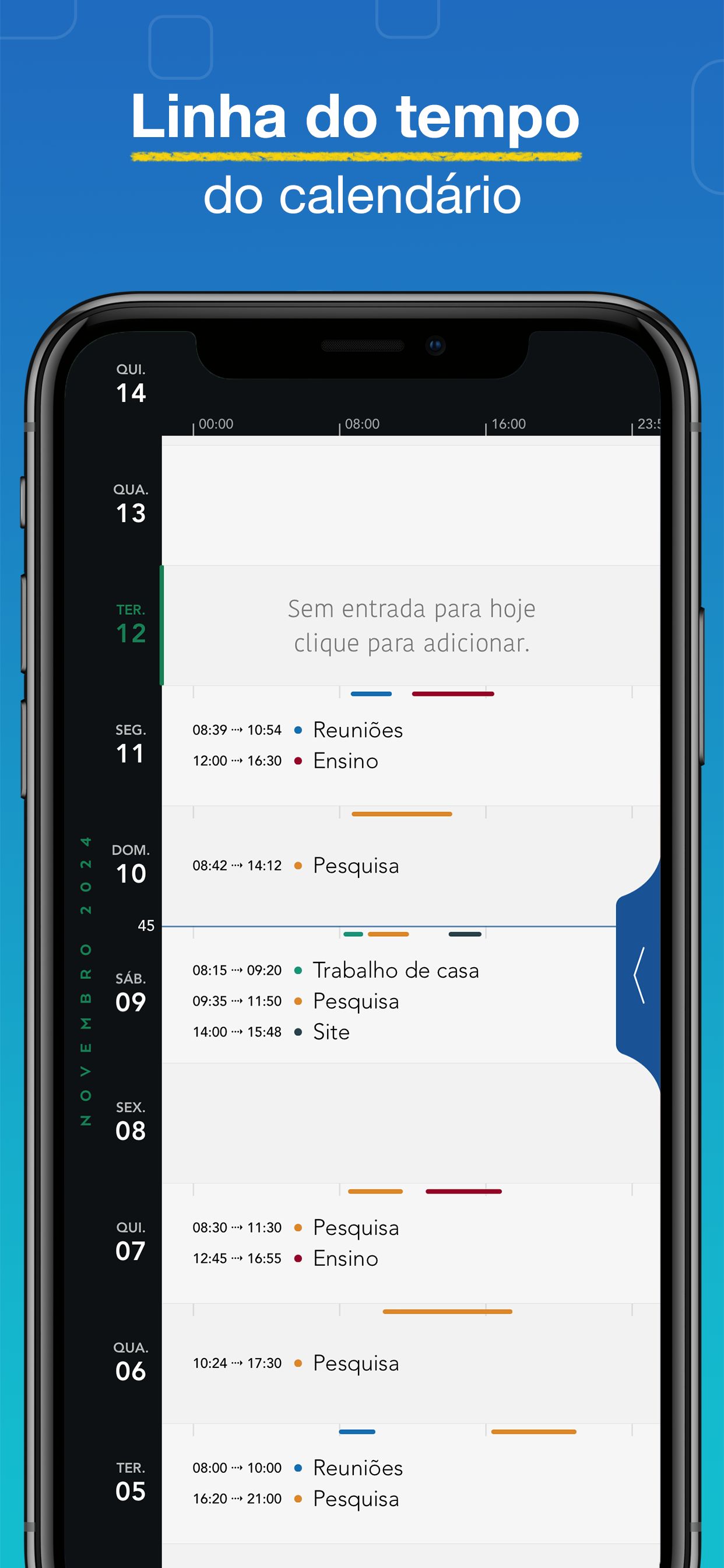 Captura de tela do app WorkHours - Linha do tempo do calendário