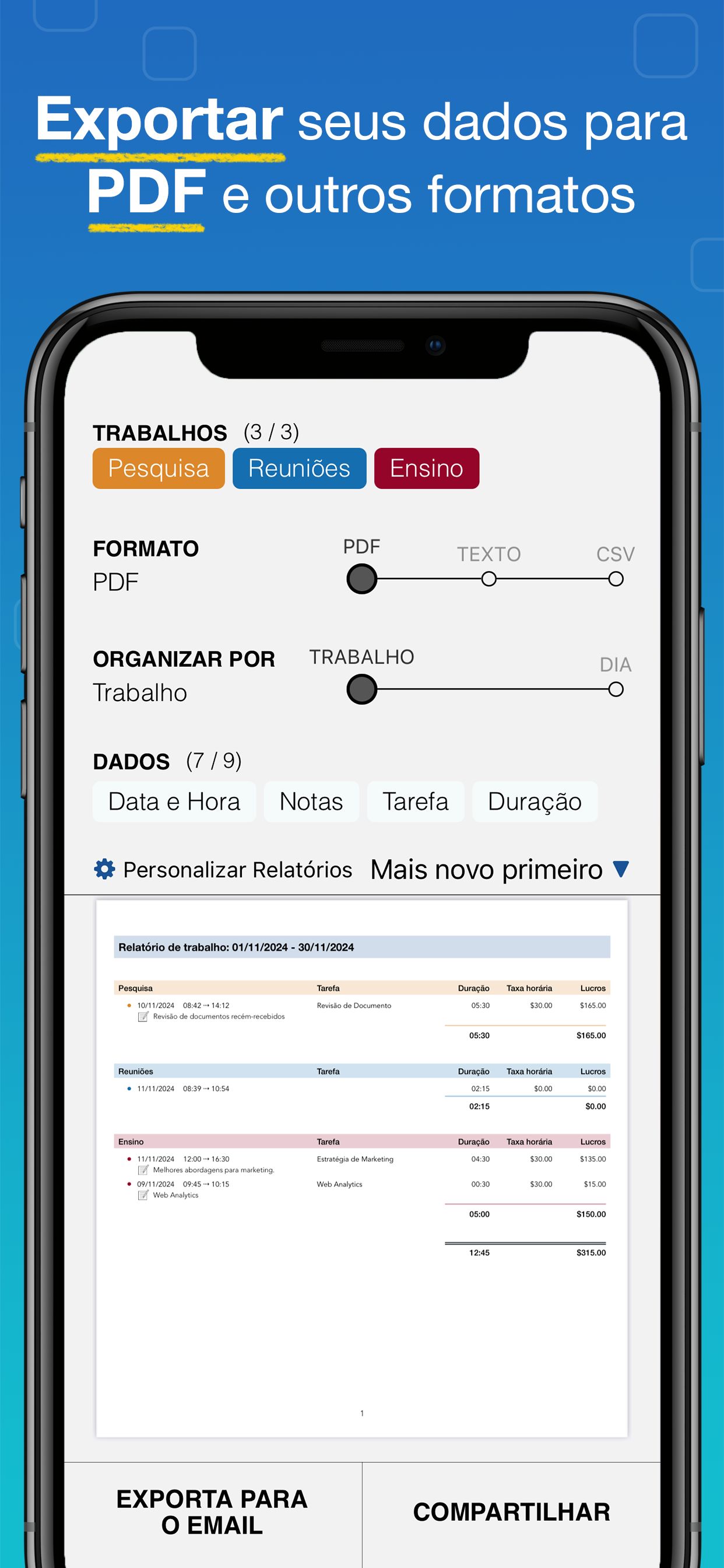 Captura de tela do app WorkHours - Exportar