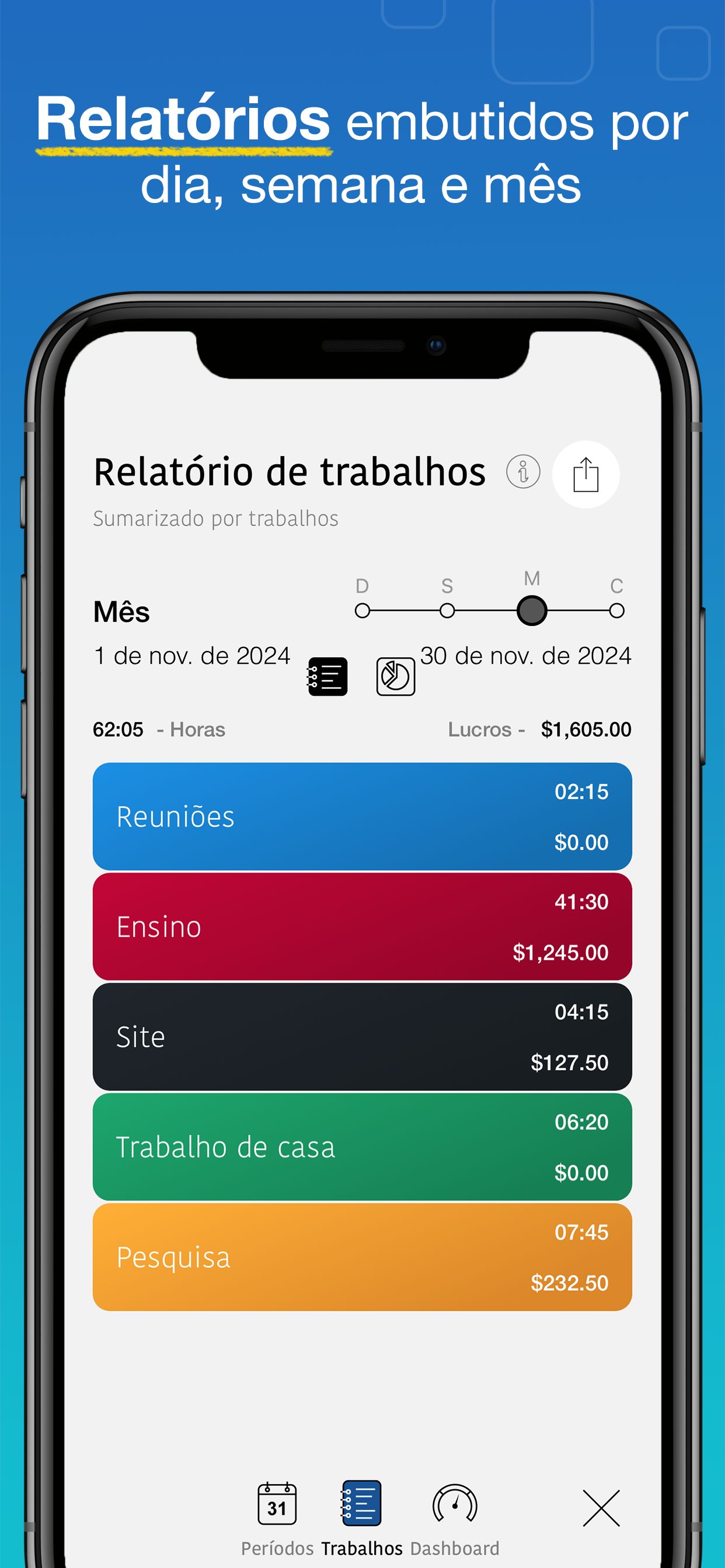 Captura de tela do app WorkHours - Relatórios