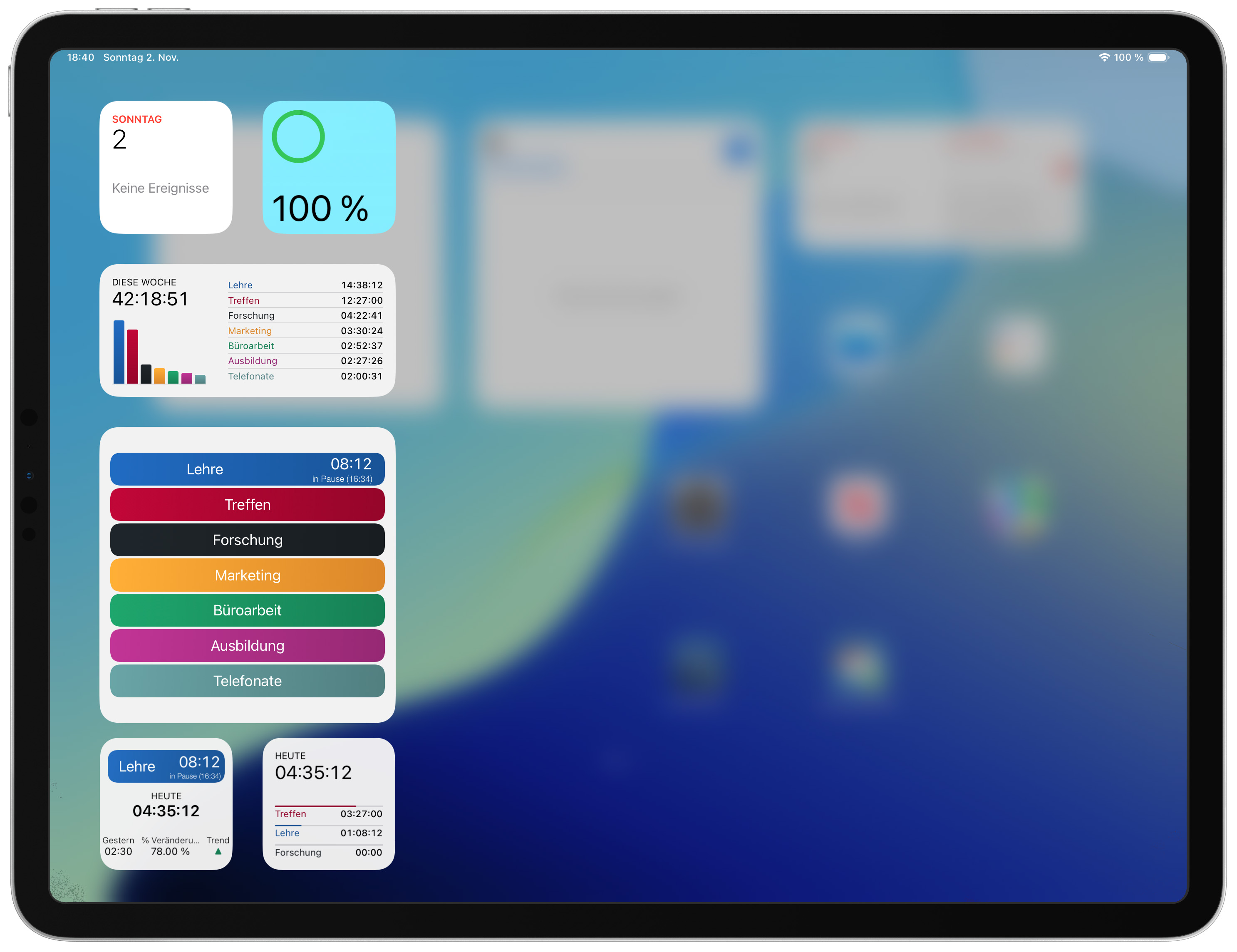 WorkHours Widgets auf dem iPad