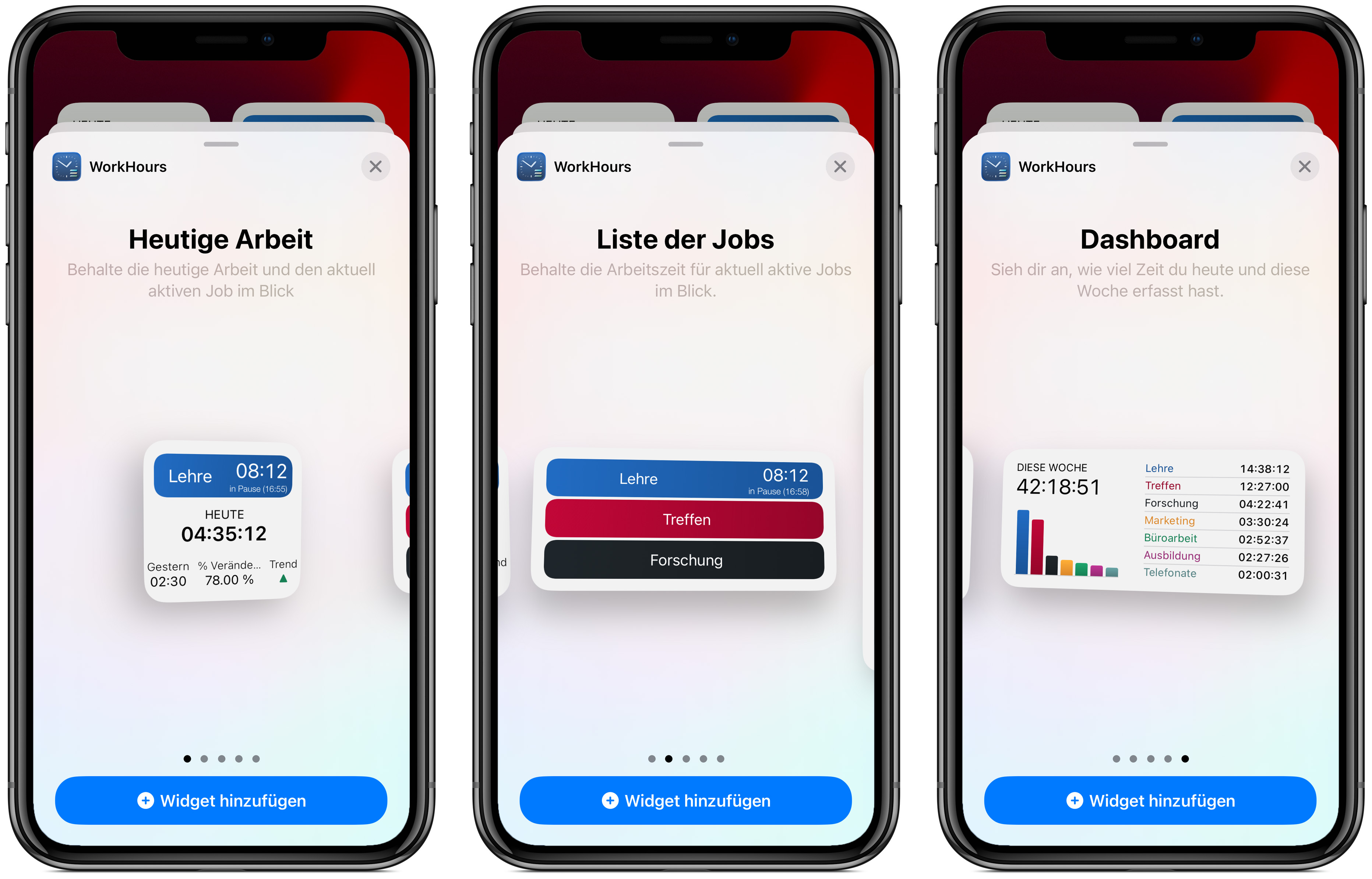 Drei Widget-Typen in WorkHours