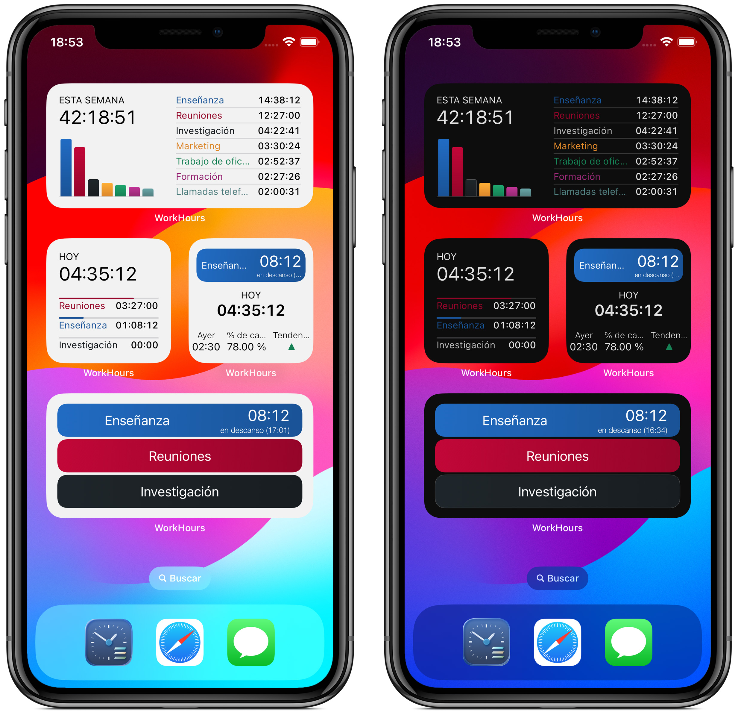 Widgets en modo claro y oscuro