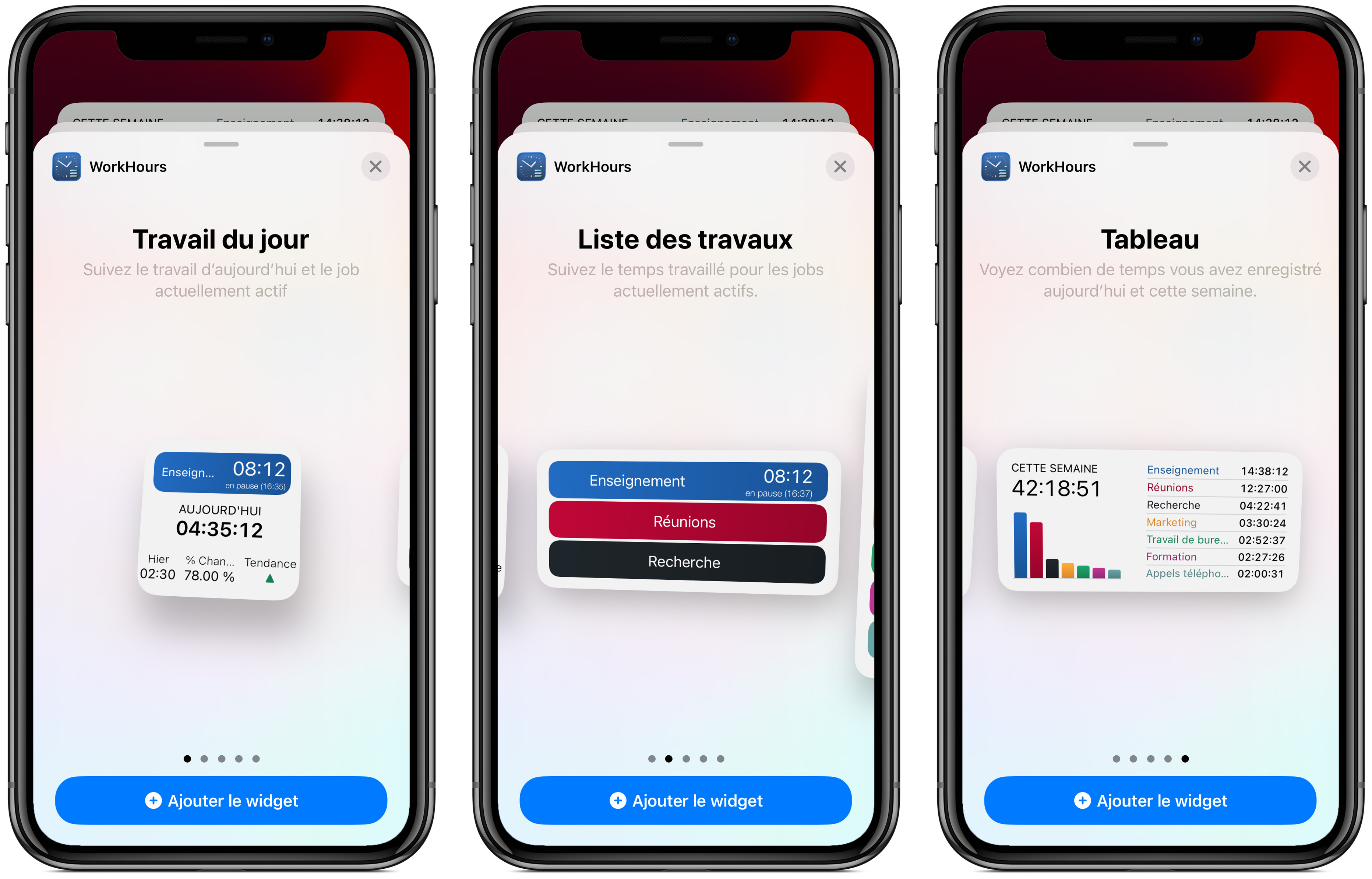 Trois types de widgets dans WorkHours